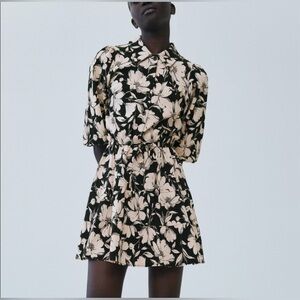 Zara Black and Cream Floral Mini Dress